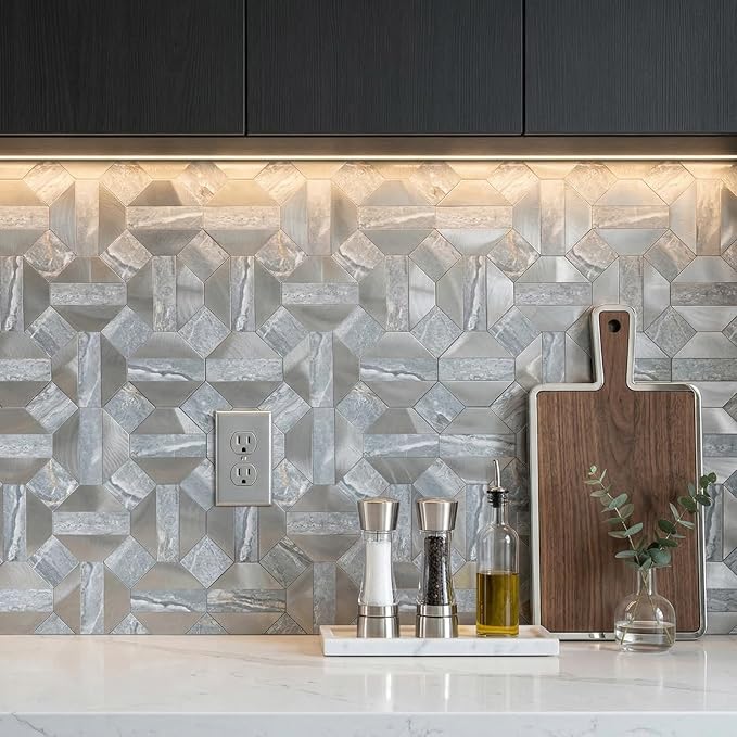 10-Sheets Peel and Stick Backsplash Tiles, PVC Marble Mixed Metal Look,Heat Resistant Stick on Tiles for Kitchen Wall,Bathroom,Laundry Room (Blue Marble & Silver)