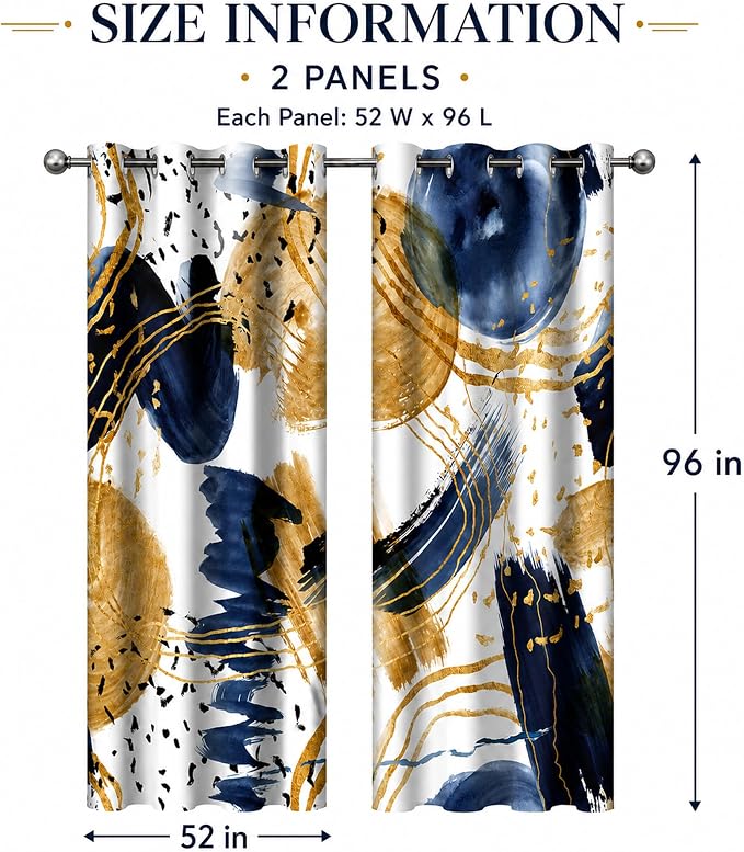 Abstract Blue Gold Blackout Curtain, Boho Aesthetic Modern Window Curtains Living Room Bedroom Decor Thermal Curtain Darkening Grommet Window Drapes Treatments, 2 Panels 52x96 Inch