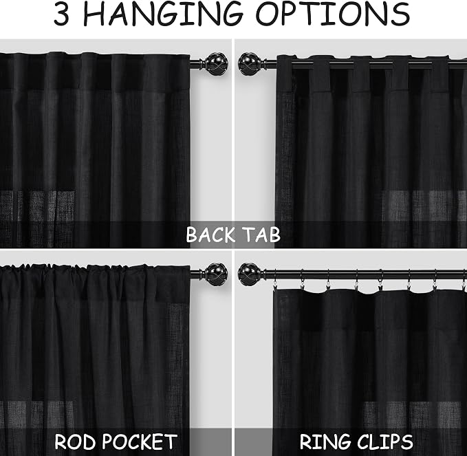 Nanspring Extra Long Black Curtain 102 inches Long 2 Panels Set for Living Room Back Tab Modern Farmhouse Muslin Look Decor Cotton Textured Sheer Linen Curtains 102 inch Length for Large Window