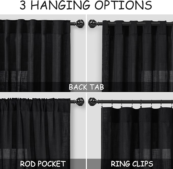 Nanspring Black Linen Curtains for Living Room Back Tab Rod Pocket Semi Sheer Light Filtering See Through Drapes 98 Inch Length 2 Panels Set for Bedroom Protect Privacy Curtain for Office W52xL98
