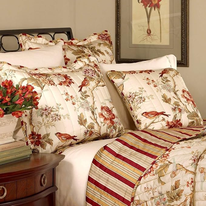 Waverly Charleston Chirp 3 Piece Quilt Set - 100% Cotton Light Weight Bedding with Bed Skirt & Pillow Shams - Twin Papaya