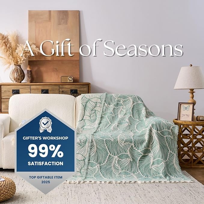 DOWN HOME Chenille Cotton Throw Blanket for Couch, Lightweight Boho Blanket for Bed Sofa Chair Living Room Outdoor Soft Woven Decorative Blanket with Tassel Gift Green Leaves 60"x80"