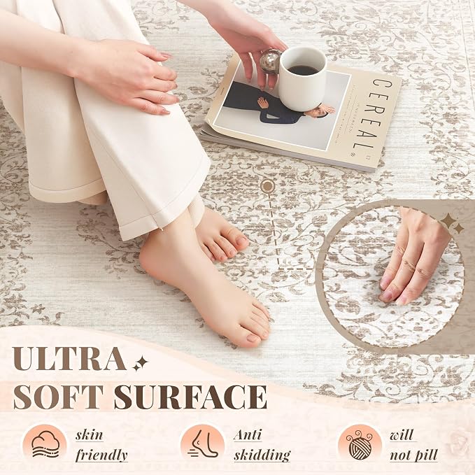 Area Rug 8x10 Vintage Rug: Large Washable Indoor Medallion Rugs Low Pile Distressed Floor Carpet Retro Accent Rug for Living Room Bedroom Kitchen Dining Table Home Office(Vintage Beige, 8'x10')