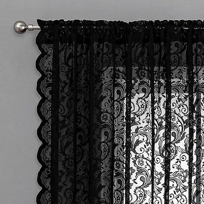 Bujasso Black Sheer Lace Curtains 54 inch Vintage Floral Short Curtain Panels for Kitchen Living Room Bedroom Luxury Light Filtering Black Drapes Window Treatment Sets Grommet Top 54" Wx54 Lx2