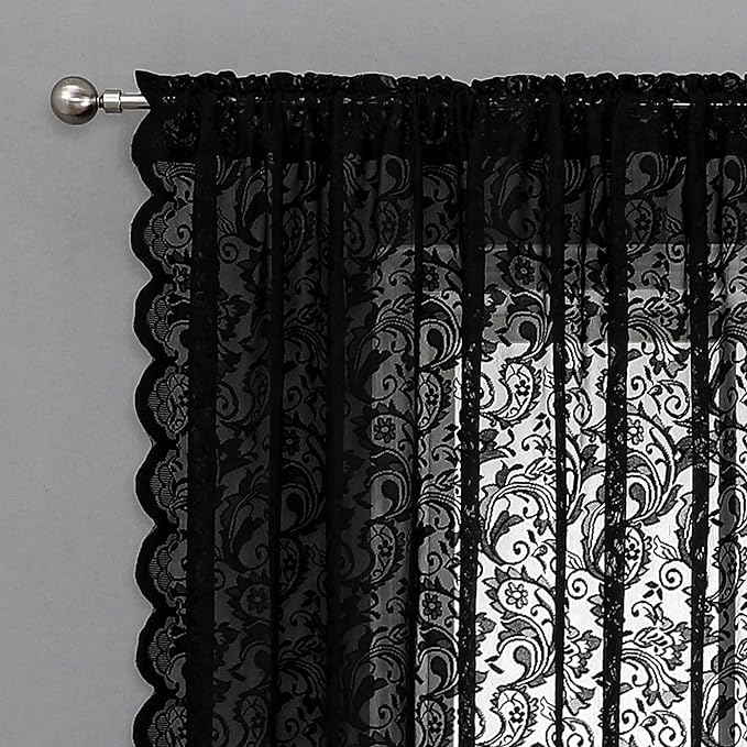 Bujasso Black Sheer Lace Curtains 54 inch Elegant Vintage Floral Short Curtain Panels for Kitchen Living Room Bedroom Light Filtering Black Drapes Window Treatment Sets Rod Pocket 2 Panels 54" Wx54 L