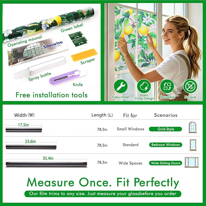 SOMWISE Rainbow Window Privacy Film,Heat Control,UV Blocking,Anti-Glare,Day & Night Privacy Protection & Decoration for Home, Bathroom,Glass Door,Static Cling,Renter-Friendly with Installation Tools