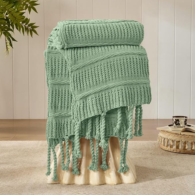 Boho Knitted Chenille Blanket with Tassels - Lightweight & Soft All-Season Throw - 3D Classic Pattern for Living Room Bedroom Couch, Sage Green, Queen 90"x90"