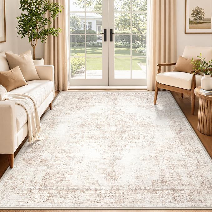 Area Rug 5x7 Vintage Rug: Washable Indoor Medallion Rugs Low Pile Distressed Floor Carpet Retro Accent Rug for Living Room Bedroom Kitchen Dining Table Home Office(Retro Beige, 5'x7')
