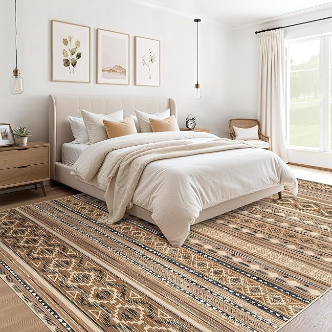 cotiled 7x9 Area Rugs Living Room Rug: Washable Boho Rugs with Non Slip Backing Large Soft Indoor Stain Resistant Carpet for Bedroom Farmhouse Dining Room Lightweight Home Decor Brown/Beige
