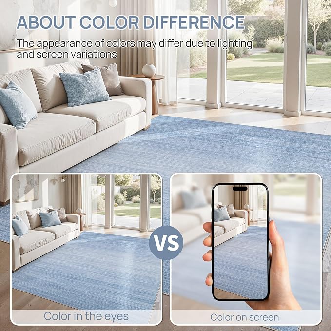 UERMEI 10x14 Washable Area Rug - Neutral Modern Abstract Living Room Rugs, Non-Slip Soft Large Indoor Floor Carpet for Bedroom Home Office & Under Dining Table Decor, Blue