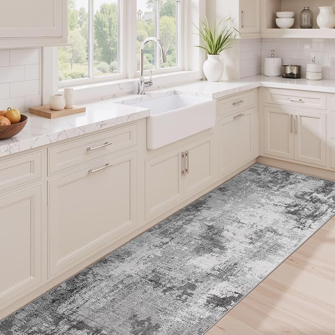 Abstract 2x6 Runner Rug: Machine Washable Non Slip Ultra Thin Low-Pile Carpet, Soft Stain Resistant for Hallway Kitchen Bathroom, Kid Pet Friendly, Robot Vacuum Compatible - Grey