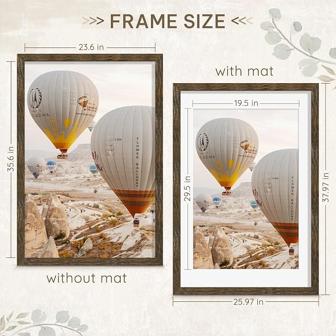 Picrit 24x36 Picture Frame 3 Pack, Wooden Brown Rustic Poster Frame, Display Poster 20 x 30 with Mat or 24 x 36 Without Mat for Horizontal or Vertical Wall Mounting