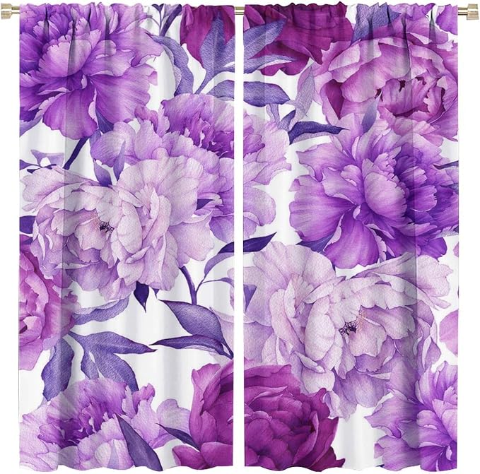 Floral Blackout Window Curtain Purple Blooming Flowers Style Print for Home Kitchen Livingroom Coffee Room Curtains Drapes 2 Panels 42x45 Inch