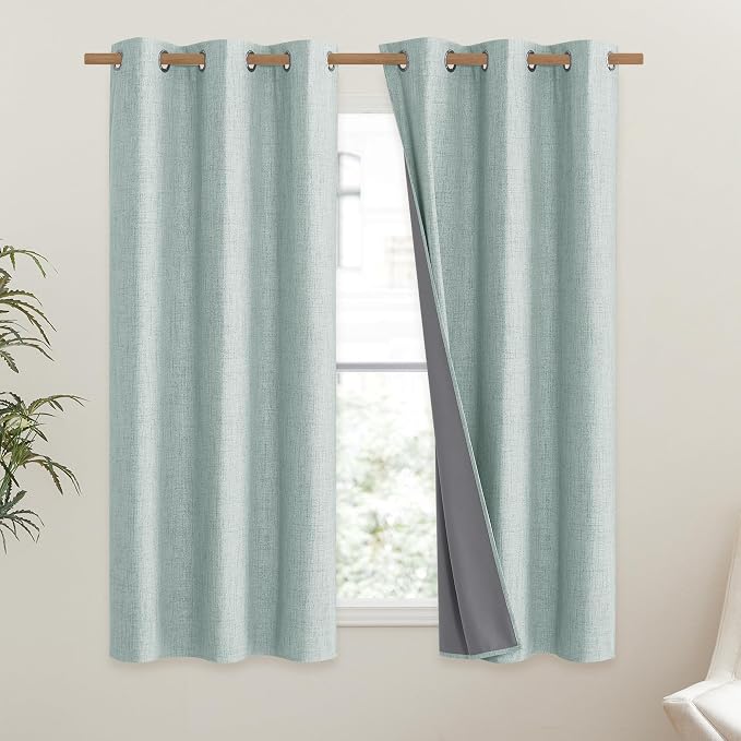 NICETOWN 100% Absolutely Blackout Linen Curtains with Thermal Insulated Liner, Seafoam Green, 42" Wide, 54" Length Energy Saving Curtains for Dining Room 2 Panels Set, Vertical Blinds