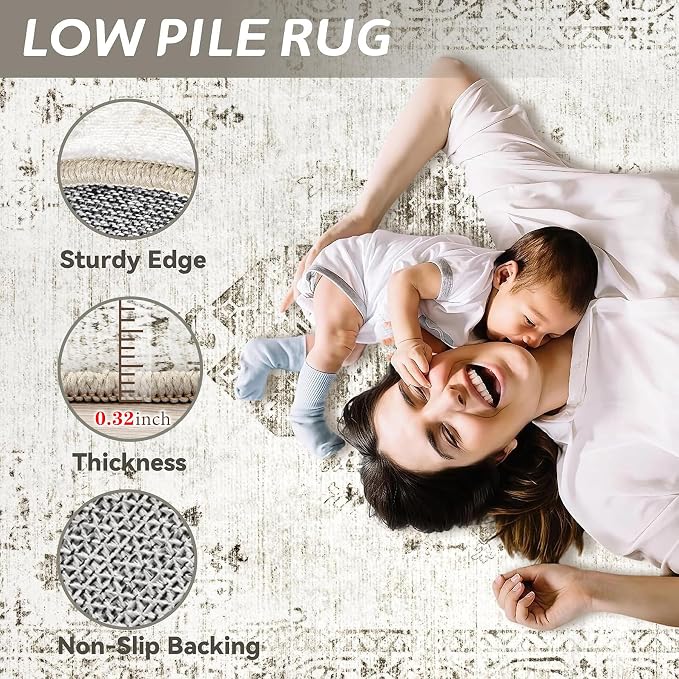 Washable Rugs 5x7 Living Room Rug: Vintage Neutral Area Rugs Soft Non-Slip Indoor Low Pile Carpet for Bedroom Dining Room Nursery Office (Taupe, 5' x 7')