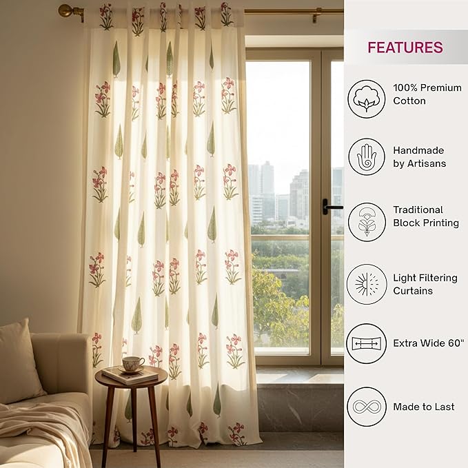 ATOSII 100% Cotton Single Panel Block Print Curtain, Easy Hanging with Rod Pocket & Loop, Living Room, Dining Room, Bedroom Light Filtering Boho Curtains, Set of 1, 60" W X 108" L, Cypress