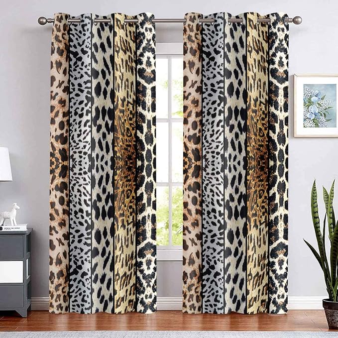 Wild Animals Print Curtain, Room Darkening Thermal Insulated Blackout Leopard Boa Window Drapes with Grommets for Living, Dining, Bedroom, 47.5"x 84", Set of 2 Panels, CLLSSP1415