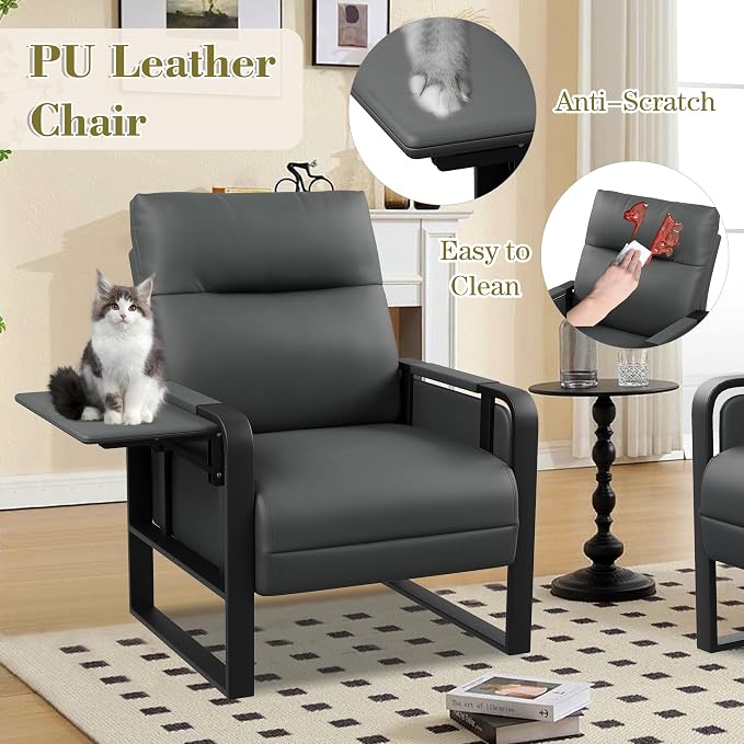 Modern Faux Leather Accent Chair Upholstered Armchair with Side Table for Bedroom Living Room Chairs Office Chair Grey Leisure Chair