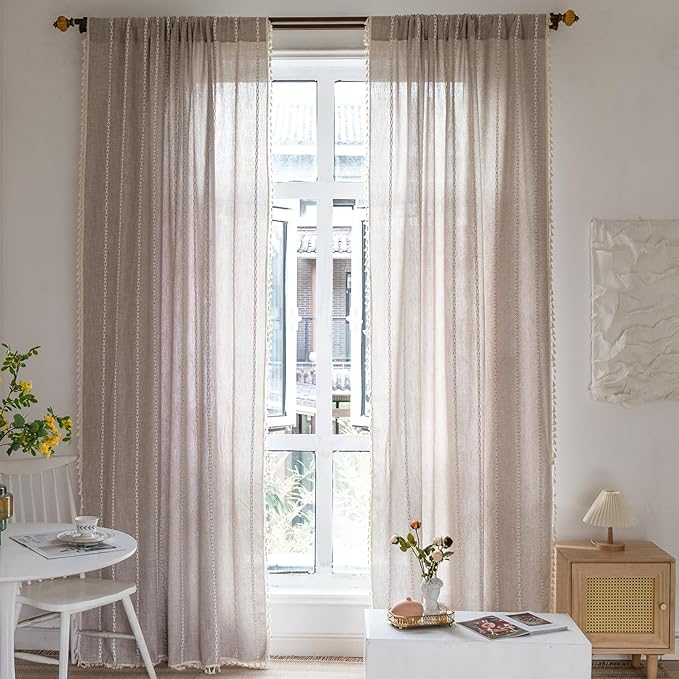 RoomTalks Tan Rustic Farmhouse Linen Kitchen Curtains 54 Inch Length Country Cottage Vintage Chic Tassel Short Cafe Curtains for Small Windows