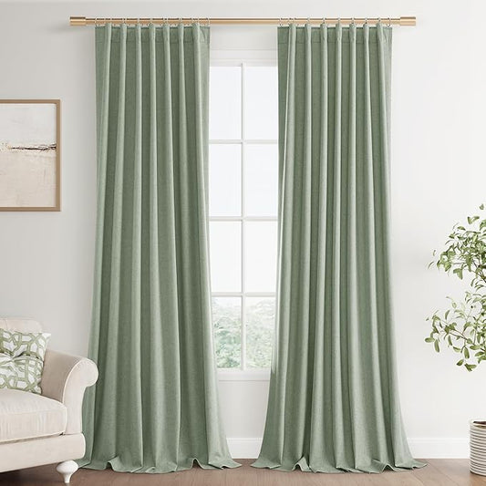 Joywell 100% Blackout Linen Curtains 108 Inch Long for Bedroom Black Out Curtain 2 Panel Noise Reduction Drapes for Living Room High Window Rod Pocket Back Tab Clip Rings 52 x 108,Desert Sage