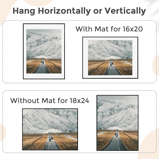 FLYJOE 18x24 Metal Picture Frame For Wall With Mat For 16x20, 18''x24'' Aluminum Photo Frames With Tempered Glass For Home Decor, Minimalist Modern Poster Frame Horizontal And Vertical Formats, Black
