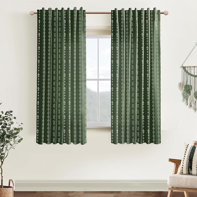 Olive Green Linen Sheer Boho Patterned Curtains 63 Inches Long for Living Room 2 Panels Set