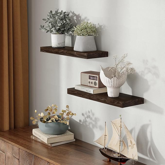 Fun Memories Wood Floating Shelves 24 Inch Long, Rustic Elm Wood Wall Shelves for Farmhouse, Living Room, Kitchen, Wall Mounted Bathroom Shelf Floating Shelf with Invisible Bracket Set of 2, Walnut