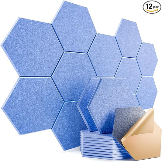 12 Pack Self-adhesive Acoustic Panels 12" X 10" X 0.4" - Sound Proof Foam Panels with High Density, Stylish Hexagonal Design, Flame Resistant, Absorb Noise and Eliminate Echoes(Steel Blue)