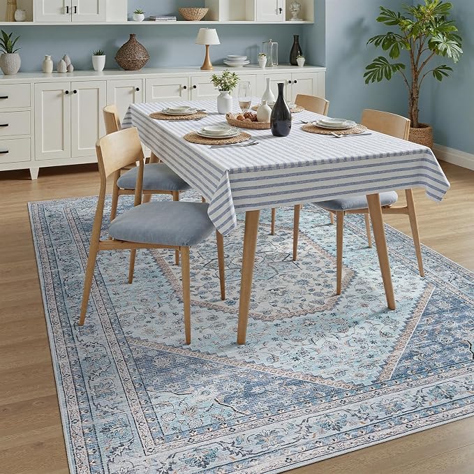 DCX Blue 5x7 Rug, Machine Washable Stain Resistant Kid & Pet Friendly with Rubber Back Non Slip Vintage Rug for Living Room, Bedroom, Home Office, Soft Low Pile Large Carpet