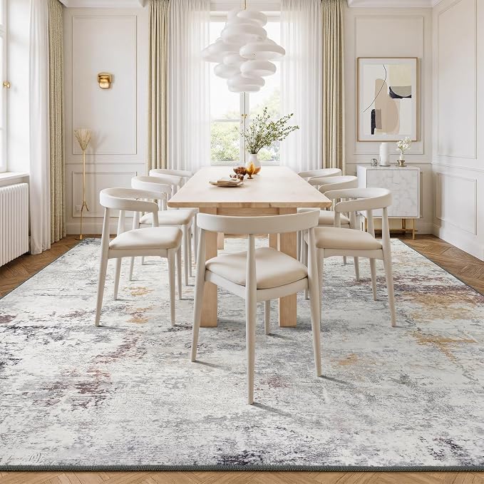 Rugflix 9x12 Area Rugs for Living Room, Washable Large Rug Stain-Resistant Low Pile, Modern Neutral Carpet for Dining Room Home Office Kid Room Nursery Bedroom, Grey Brown