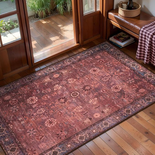 Tangsoo 2x4 Washable Rug for Entryway,Vintage Rust Red Floral Entry Rug Non Slip,Indoor Front Door Small Rugs,Distressed Print Door Mat Carpet,Soft Low Pile for Entrance Kitchen Bedroom Bathroom