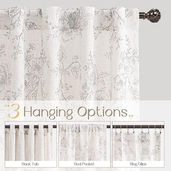 Vintage Floral Curtains 80 inch Length 2 Panels Set for Living Room Grey and Cream Printed Curtains Back Tab Neutral Farmhouse Bedroom Curtains Cottage Style Pretty Flower Patterned Linen Drapes