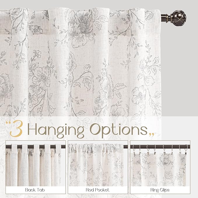 Meikelor Vintage Floral Curtains, 72 inch Length, 2 Panels Set, Grey and Cream Printed, Back Tab, Neutral Farmhouse, Cottage Style, Pretty Flower Patterned Linen Drapes
