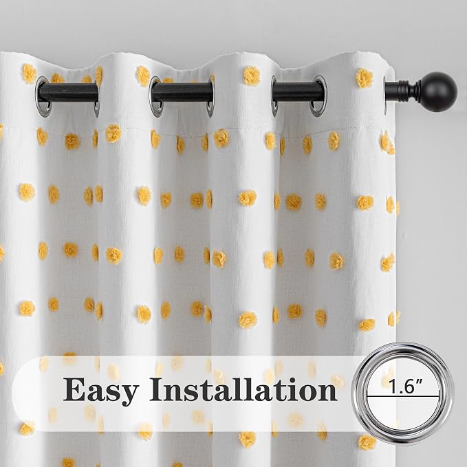 MEETSKY 100% Blackout Curtains for Girls Bedroom 63 Inch Length 2 Panels,Total Light Blocking Yellow White Pom Pom Curtains for Kids Room Darkening Window 2 Layered Drapes, Mustard Yellow, 52W x 63L