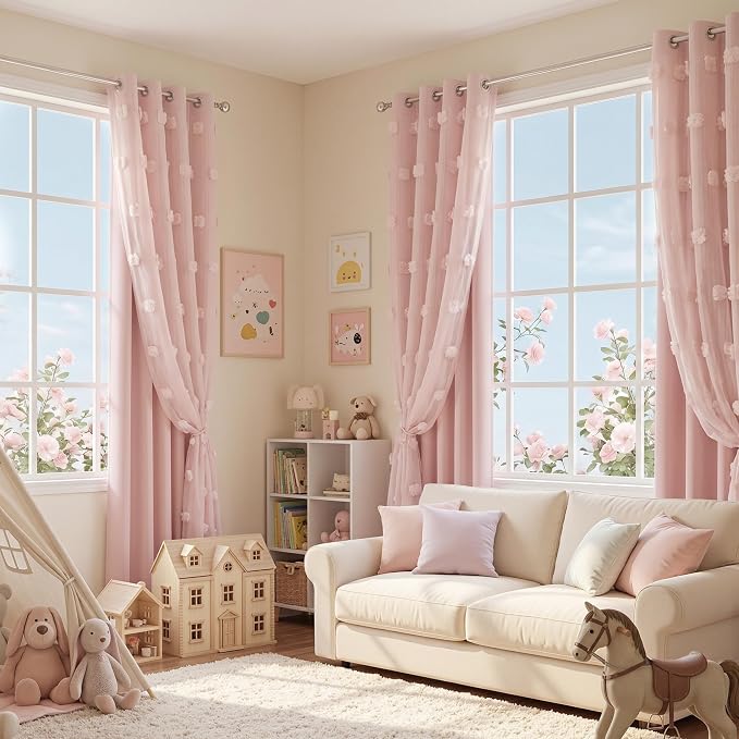 MYSKY HOME Pink Curtains for Living Room Pink Sheer Pom Pom Kids Room Decor Drapes 108 Inches Long Light Blocking Double Layer Curtain for Sliding Door Grommet Window Panels Set of 2 52" x 108"