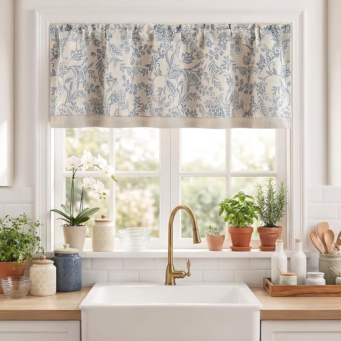 jinchan Linen Valance Curtain Farmhouse Floral Printed Small Window Curtain for Kitchen Rustic Country Light Filtering Valance for Living Room Bedroom Bathroom 16 Inch Rod Pocket 1 Panel Blue on Beige