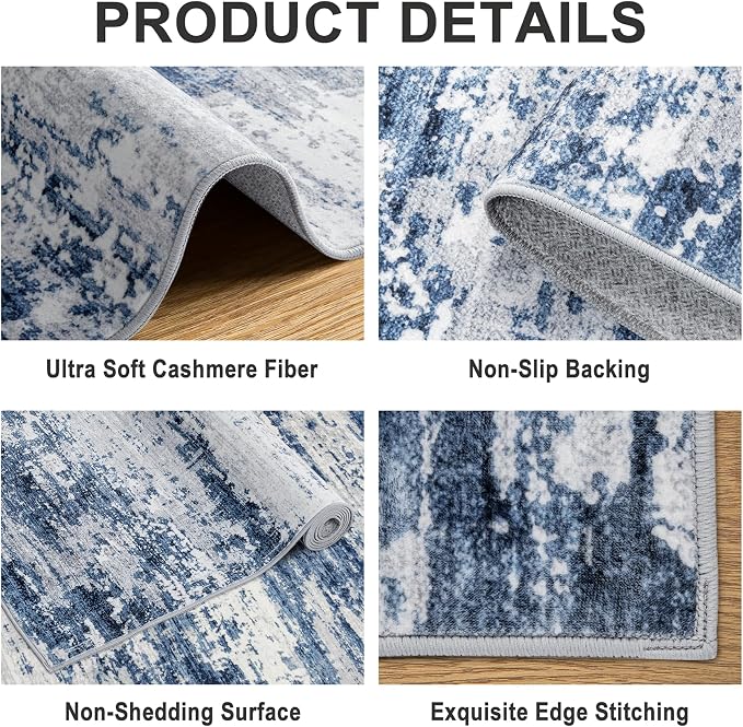 Area Rugs Living Room Rug - 5x7 Washable Modern Abstract Soft Neutral Non-Slip Carpet Large Indoor Floor Thin Carpets for Bedroom Dining Room Farmhouse Nursery Home Office Blue Gray