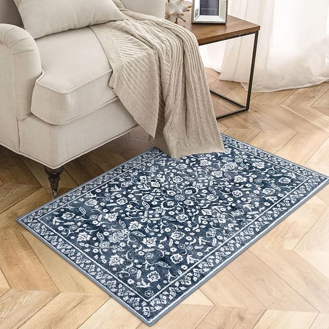 Vintage Entryway Rug Indoor, Navy Washable Rug 2x3, Small Area Rug with Non-Slip Backing, Floral Print, Thin Faux Wool Super Soft Door Mat for Kitchen, Entrance, Bedroom, Office