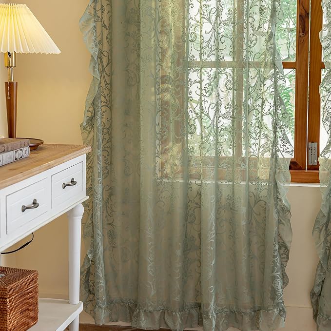 TUDECO Sage Green Sheer Curtains 2 Panels - Spring Boho Sage Green Floral Curtains 84 Inches Long for Living Room, Vintage Flowy Ruffle Privacy Lace Sheer Window Treatment, 59 x 84 Inch
