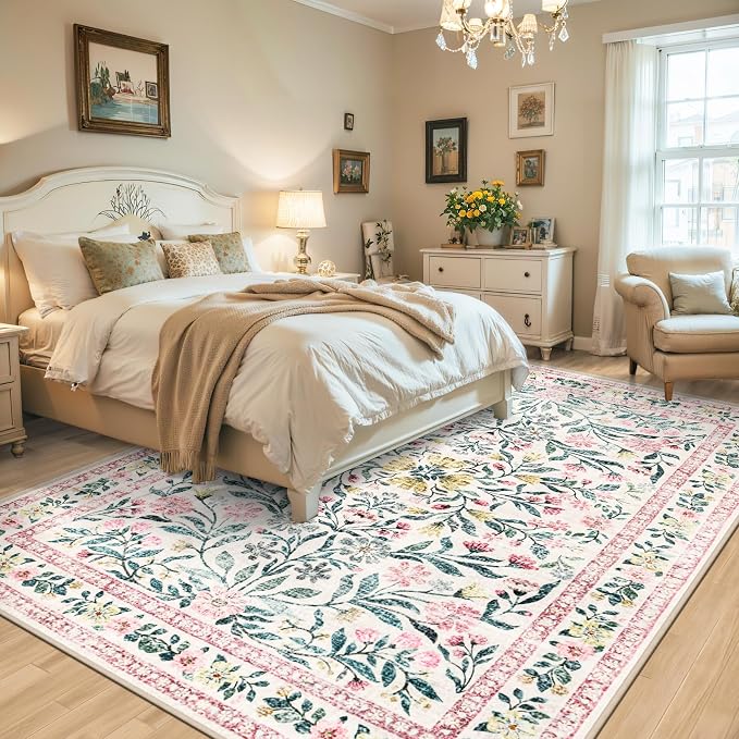 Area Rugs 9x12 Living Room: Floral Washable Rug Vintage Large Soft Boho Non-Slip Carpet Indoor Stain Resistant Low Pile Carpets for Bedroom Dining Room Farmhouse Nursery Hallway Home Office Pink Green