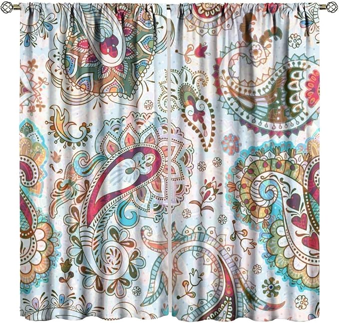 Bohemian-Style Curtains, Tribal Abstract Print with Paisley Motifs, Blackout Curtains for Bedrooms, Living Rooms and Kitchens63X63 Inch