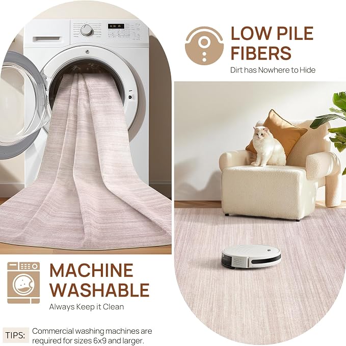 UERMEI 9x12 Washable Area Rug - Neutral Modern Abstract Living Room Rugs, Non-Slip Soft Large Indoor Floor Carpet for Bedroom Home Office & Under Dining Table Decor, Soft Pink