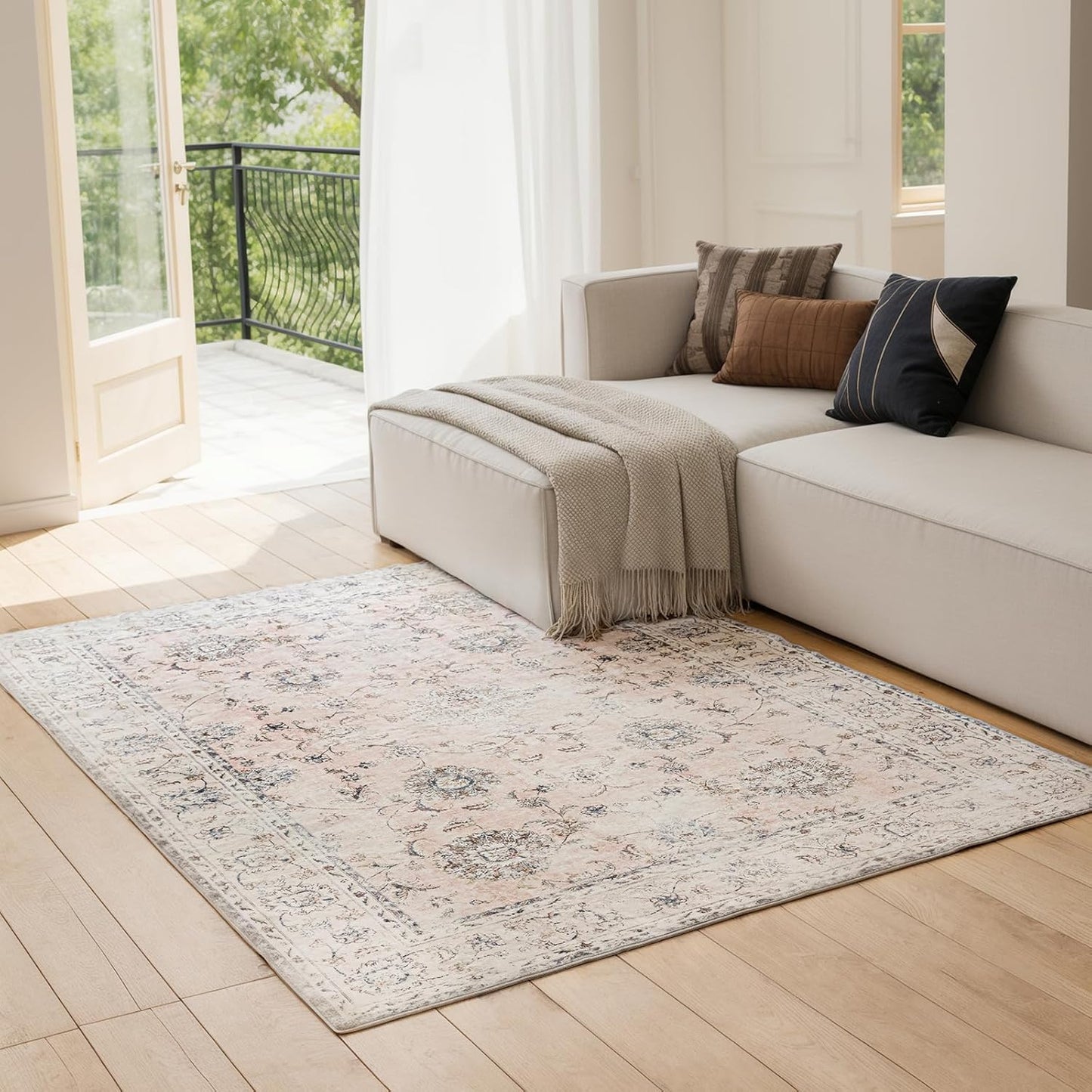 3'x5' Vintage Floral Rug - Persian Inspired Low-Pile Faux Wool Area Rug, Non-Slip Washable Small Rug for Bedroom, Nursery, Dorm, Soft Pink Boho Chic Decor