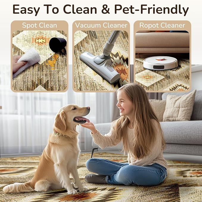 BESTSWEETIE Area Rug 4x6 Rug Machine Washable Non-Slip Low Pile Print Pattern Western Rug for Living Room Bedroom Entryway Tribal Series -Cream/Camel
