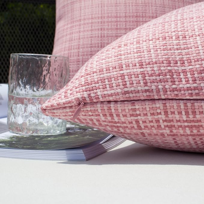 Kevin Textile Outdoor Waterproof Throw Pillow Covers 12x24 Inch Pack of 2 Woven Faux Linen Farmhouse Decorative Water Resistant Lumbar Cushion Covers for Tent Patio Garden Couch Sofa Pink