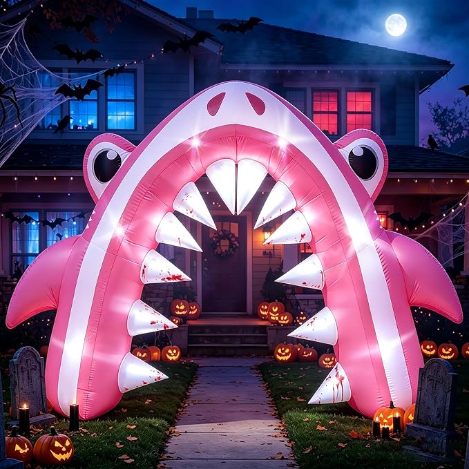 13FT Halloween Pink Shark Inflatable Arch for Yard Lawn Decor | Giant Shark Blow Up with Built-in 6 LED Lights and 1 Blower for Indoor/Outdoor Halloween Shark Birthday Party Decoration