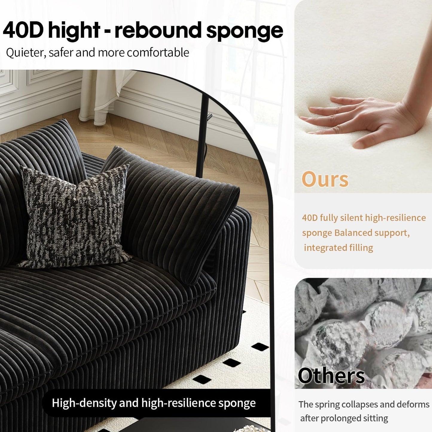 157.5" Cloud Couch Modular Sectional Sofa for Living Room,Modern Sofa with Deep Seat，L-Shape Boneless Couch with Ottoman,Comfy Upholstered Corduroy Couches for Apartment, Studio, Office,Bedroom，Black