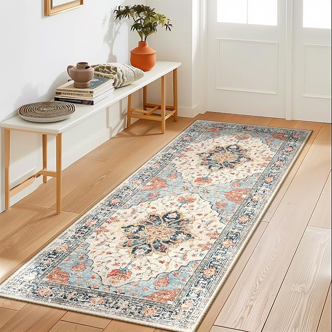 RELEANY Area Rugs Runner 2'x5' Washable Non-Slip, Floral Vintage Distress Medallion Carpet for Kitchen Hallway Bedroom Beside Laundry Room Bathroom, Beige Navy Blue Orange Colorful