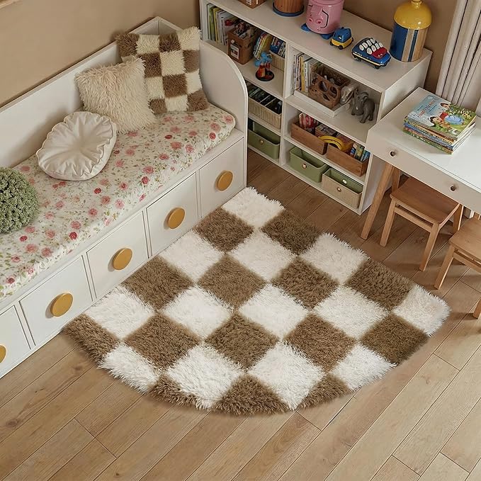 PureCozy Checkered Rug 3ft Radius Corner for Playroom, Beige and White Modern Shag Super Soft Washable Fluffy Rugs Indoor Fuzzy Carpet for Bedroom Home Dorm Aesthetic Decor