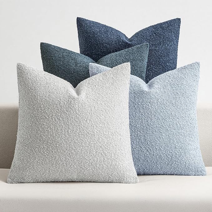 MIULEE Pack of 4 Decorative Textured Boucle Throw Pillow Covers | 18x18 Inch Neutral Blue Accent Solid Pillow Cases Couch Cushion Covers for Modern Farmhouse Boho Bed Livingroom Home Decor